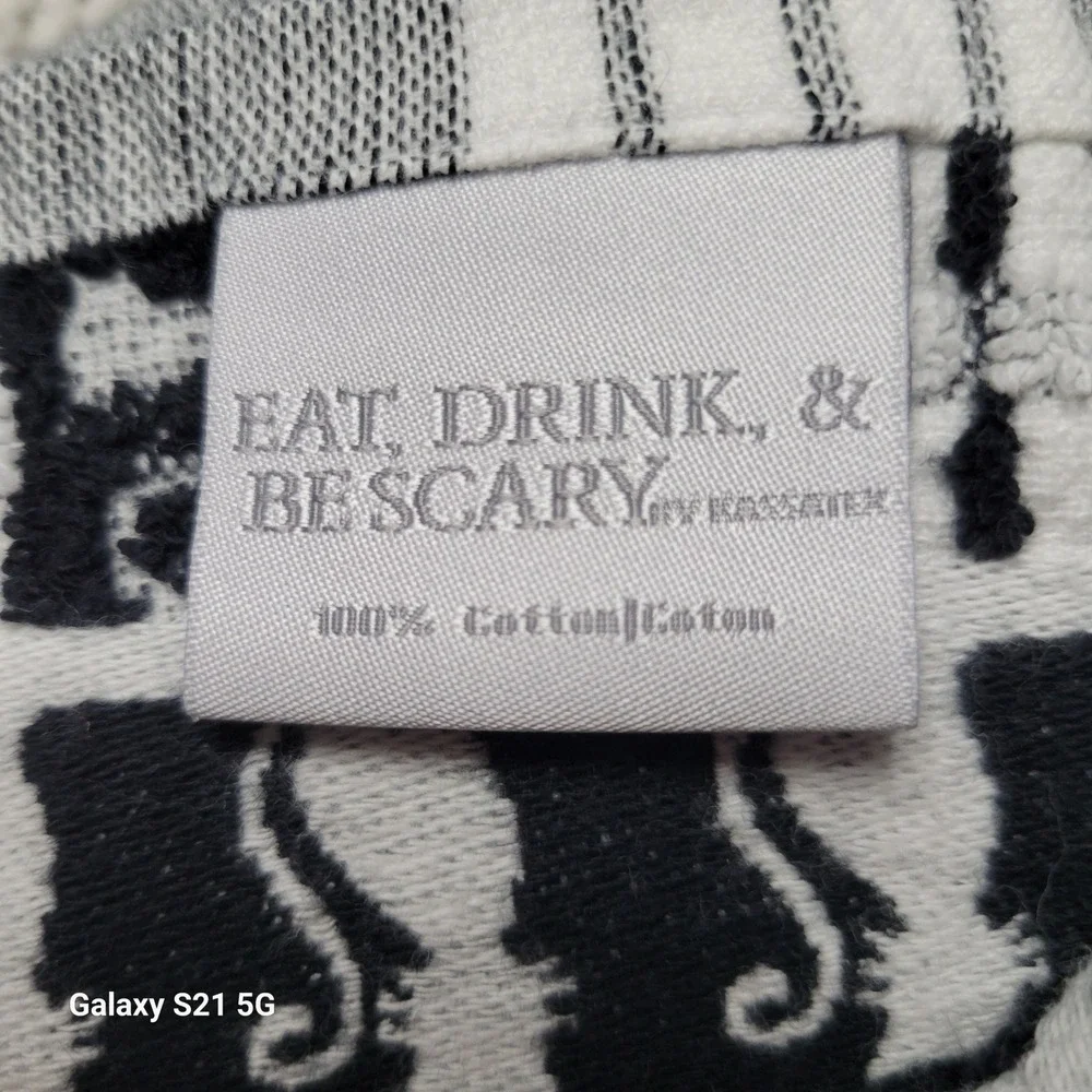 Kassatex Eat Drink & Be Scary Black Cat Halloween Kitchen Towels Set of 2 Cotton